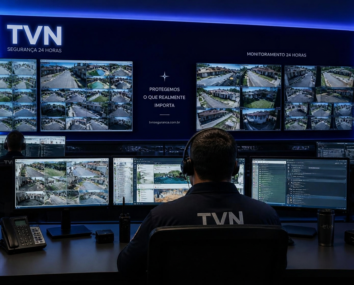 Central de monitoramento da TVN com múltiplas telas exibindo câmeras de segurança